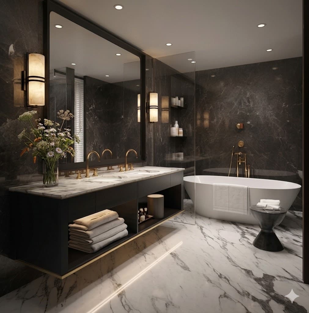 Freestanding bathtub in a dark marble luxury bathroom