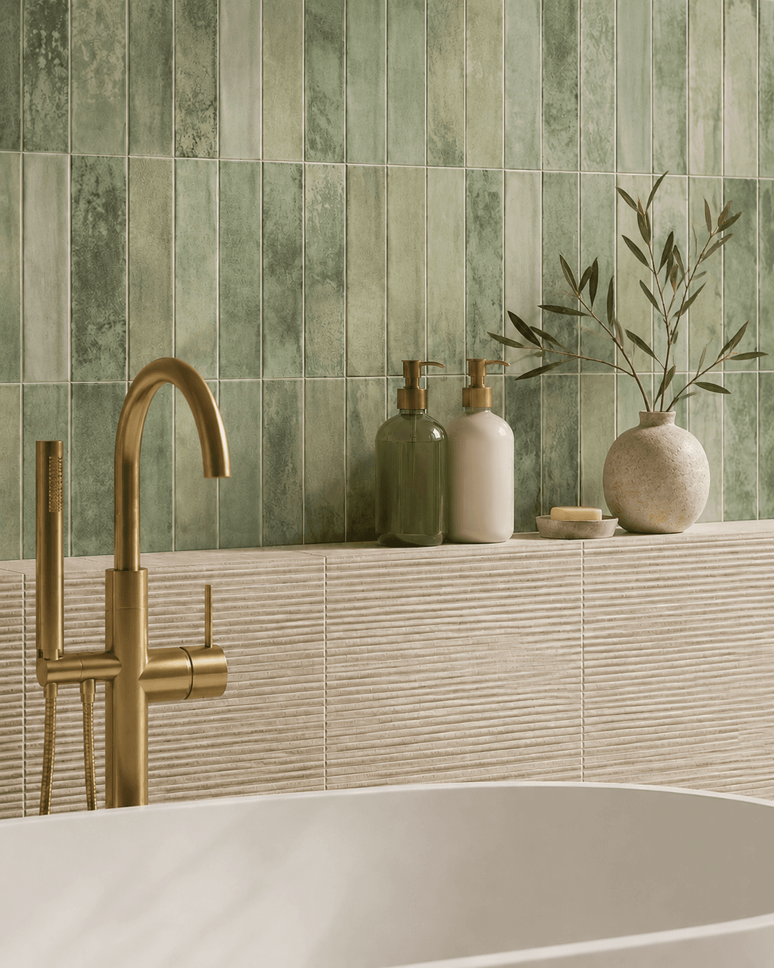 H2 Bathrooms — green-tiled vanity with brushed brass tapware