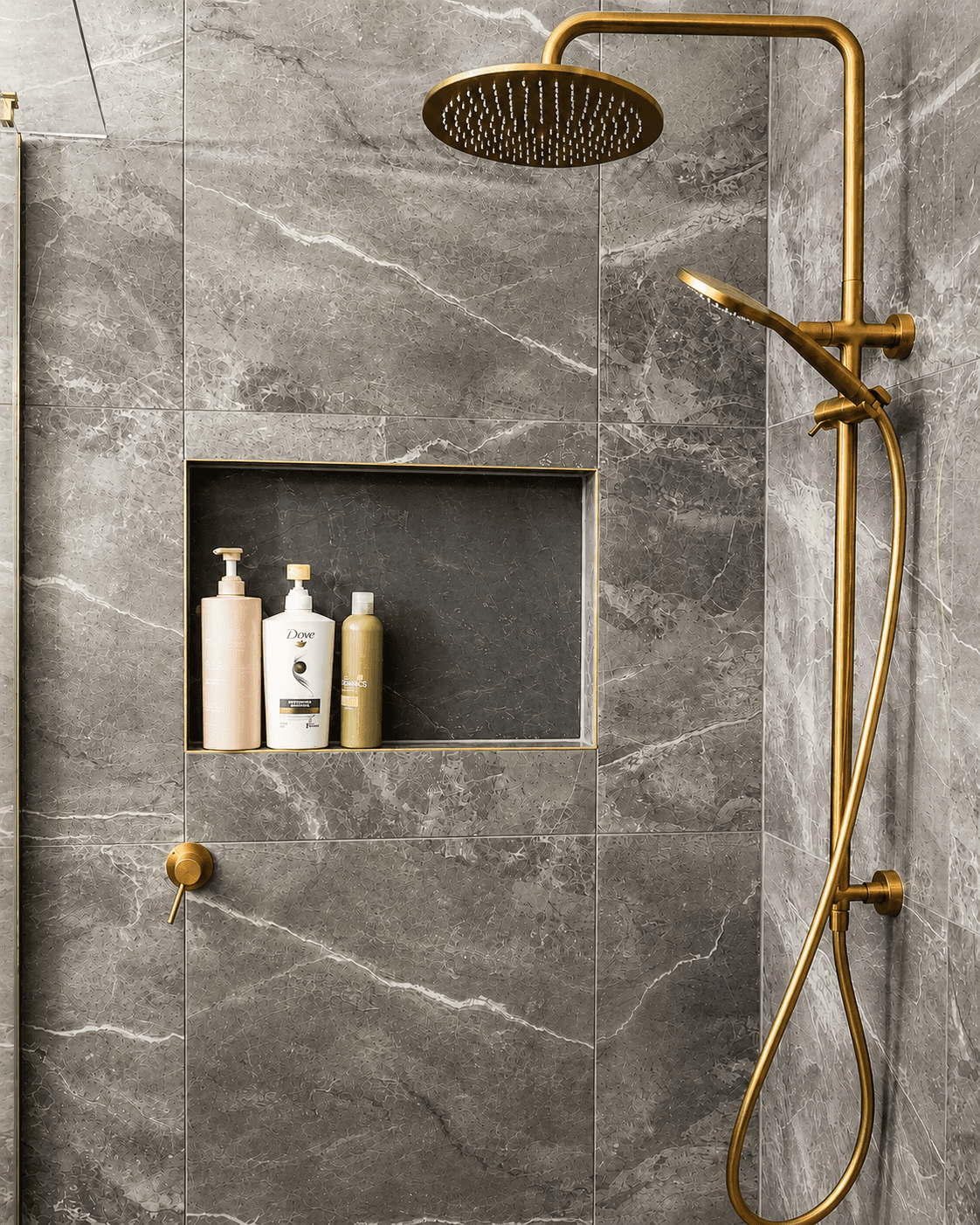 Walk-in shower with brushed gold tapware — Southport